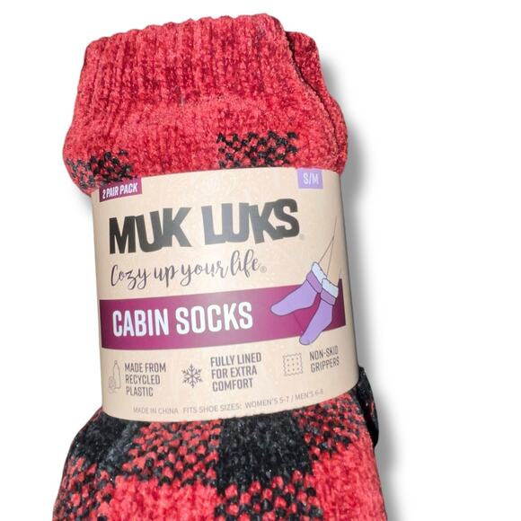 Muk Luks Sz S/M Slipper Socks Faux Fur Lined Warm Cabin 2 Pk Buffalo Check Gift - Picture 5 of 14